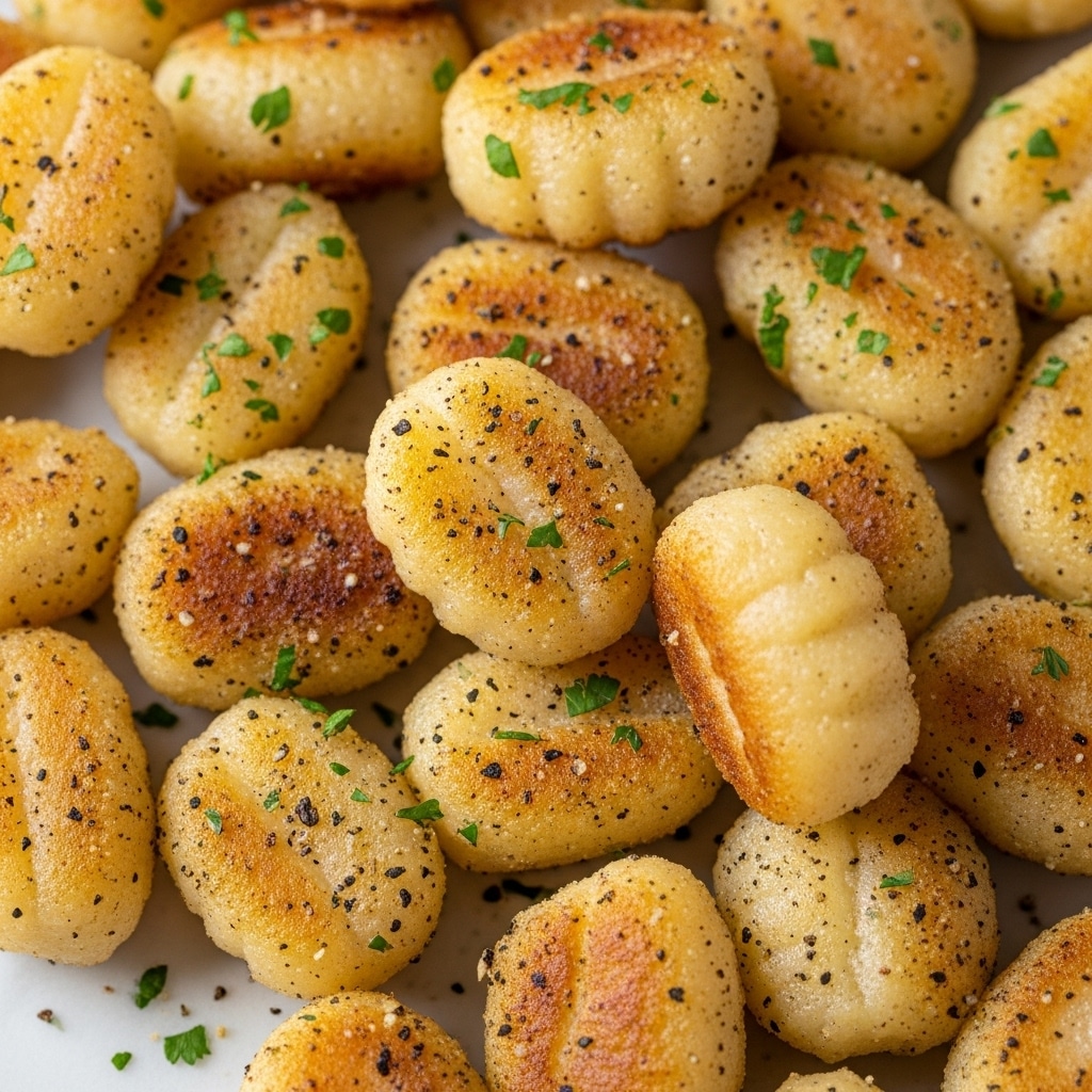 The image shows a close-up of many small, golden-brown gnocchi pieces with a slightly crispy texture. The gnocchi are covered with black pepper and sprinkled with chopped green herbs, giving a fresh look. Each gnocchi piece looks lightly browned and soft inside with a rough exterior. The background is a white marbled surface, and the focus is on the texture and seasoning of the gnocchi. Photo taken with an iphone --ar 4:5 --v 7