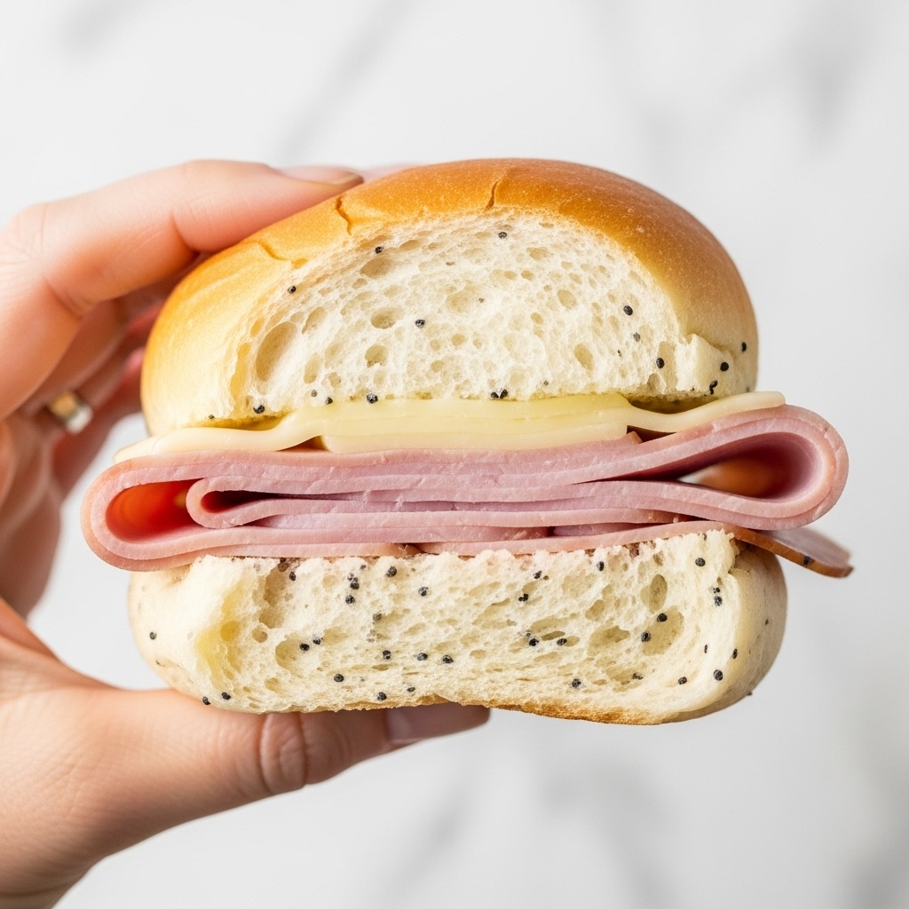 The image shows a close-up of a sandwich held by a woman's hand. The sandwich has a soft, light brown bun on top, and inside there is a folded layer of light pink ham and a slightly melted pale yellow cheese. The bread inside appears fluffy and white, with some small black poppy seeds on it. The background is a white marbled texture, softly blurred. Photo taken with an iphone --ar 4:5 --v 7