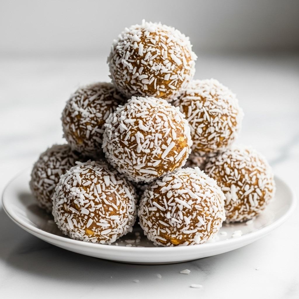A stack of bite-sized round balls covered in white shredded coconut, showing a rough texture, sits in a small white plate. Each ball has a golden brown color with coconut flakes clinging unevenly on the surface. The balls are piled in a loose pyramid shape with some coconut flakes scattered on the plate. The white marbled surface below the plate reflects soft natural light from a nearby window, creating gentle shadows. Photo taken with an iphone --ar 4:5 --v 7