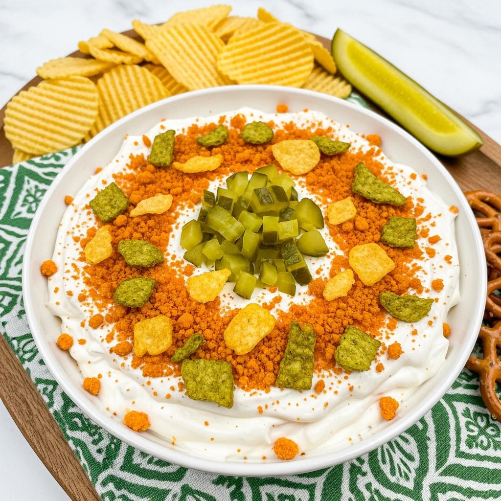 The image shows a white bowl filled with a creamy white dip as the base layer. On top, there is a layer of crumbled orange seasoning and greenish-yellow crispy chips scattered unevenly. The center is topped with small, light green diced pickles. The bowl sits on a green and white patterned cloth, placed on a wooden board with ridged yellow chips and a pickle spear in the background. Some brown pretzels are also visible near the bottom right corner. The background has a white marbled texture. photo taken with an iphone --ar 4:5 --v 7
