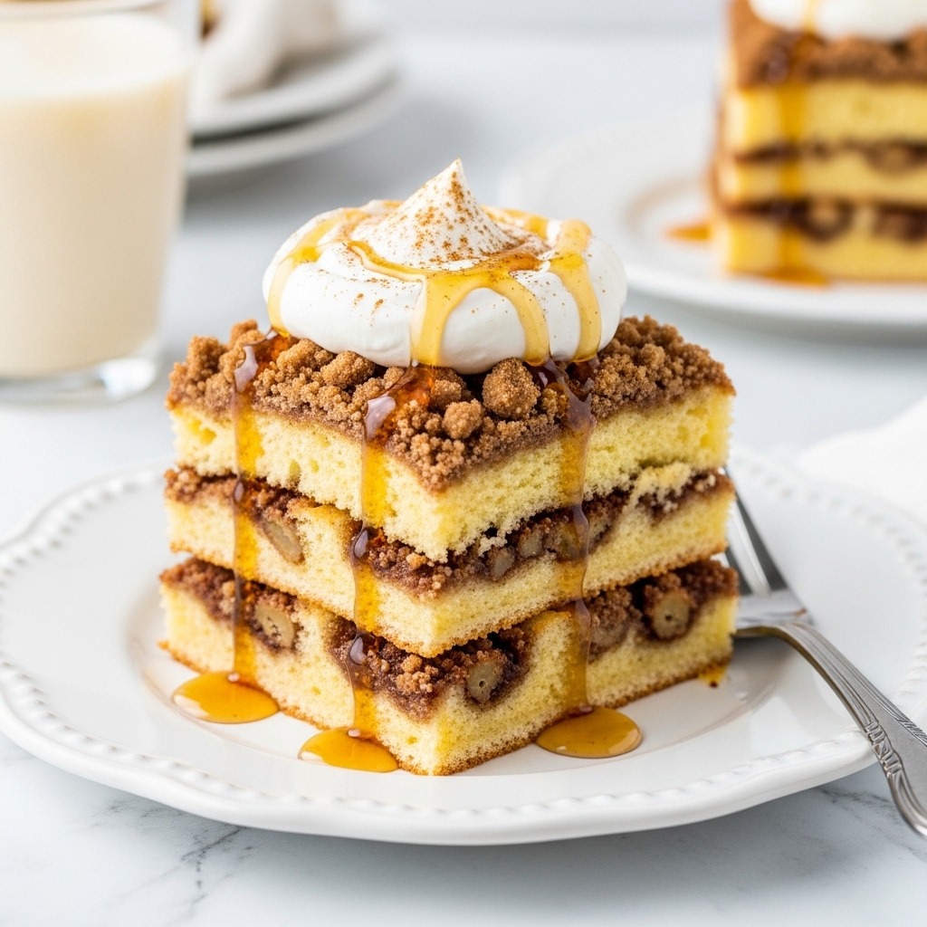 A square piece of layered dessert sits on a white plate with a scalloped edge, placed on a white marbled surface. The dessert has three thick layers of soft, slightly yellow cake filled with a cinnamon swirl and bits of brown crumbly streusel throughout. The top layer has a generous crumbly streusel topping in a deep brown color. A swirl of white whipped cream with a slight dusting of cinnamon sits on top, with golden syrup drizzling over the cream and running down the sides of the cake. A silver fork rests near the plate edge, and behind it there is a blurred glass of pale creamy drink and another dessert piece on a white plate. Photo taken with an iphone --ar 4:5 --v 7