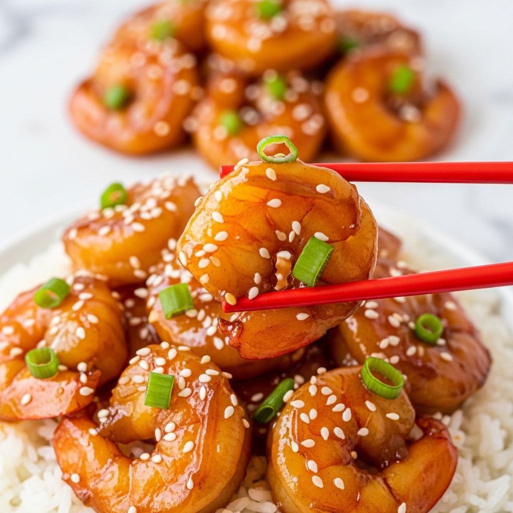 A close-up view of a white bowl filled with white rice as the base layer, topped with a second layer of bright orange-red glazed shrimp covered in a shiny sauce. The shrimp are sprinkled with white sesame seeds and chopped green onions, adding texture and color contrast. Two light blue chopsticks are picking up a shrimp from the bowl, with a woman's hand holding the chopsticks partially visible at the top. The bowl is placed on a white marbled surface. Photo taken with an iphone --ar 4:5 --v 7