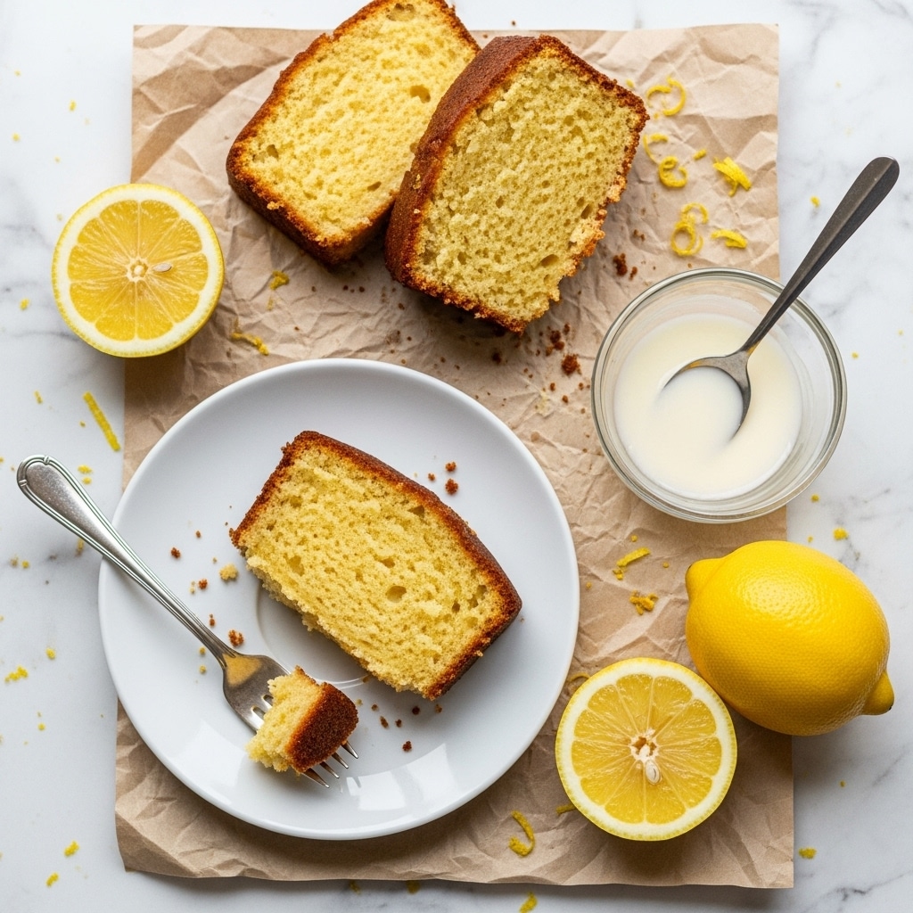 The image shows three slices of moist lemon pound cake with a golden brown crust and a light yellow inside. One slice is on a white plate with a bite taken out by a fork, resting on the bottom left. Two other slices overlap at the top. Around the cakes are two halves of a fresh lemon, one whole lemon, and a small clear bowl of white glaze with a spoon. The cakes and items sit on a crumpled light brown paper covering a white marbled surface with scattered crumbs and lemon zest. Photo taken with an iphone --ar 4:5 --v 7