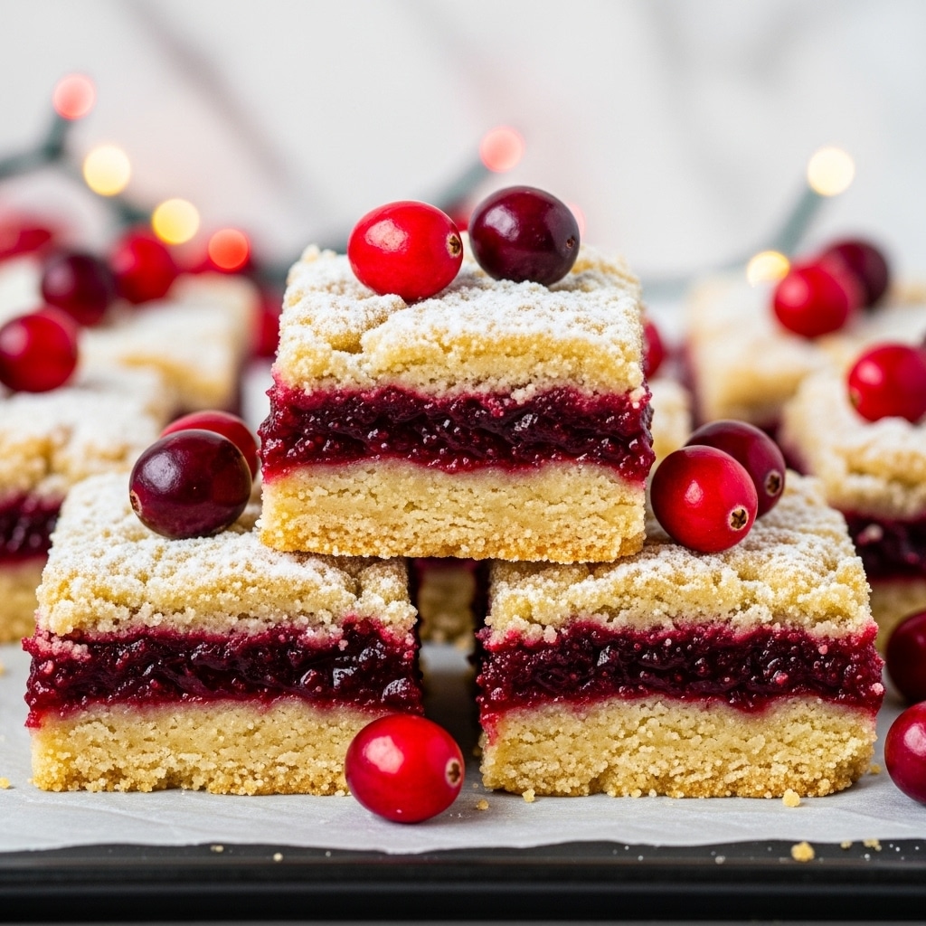 A close-up shows a stack of square berry dessert bars resting on white parchment paper over a wooden surface. Each bar has three distinct layers: a crumbly light golden base, a thick middle layer of glossy red and dark purple berry filling, and a crumbly pale golden topping with scattered powdered sugar. Whole berries peek through the top layer, adding texture and color contrast. Around the stack, more bars lay flat with some berry juice slightly oozing out. The background features blurry red berries on a white marbled texture surface. photo taken with an iphone --ar 4:5 --v 7
