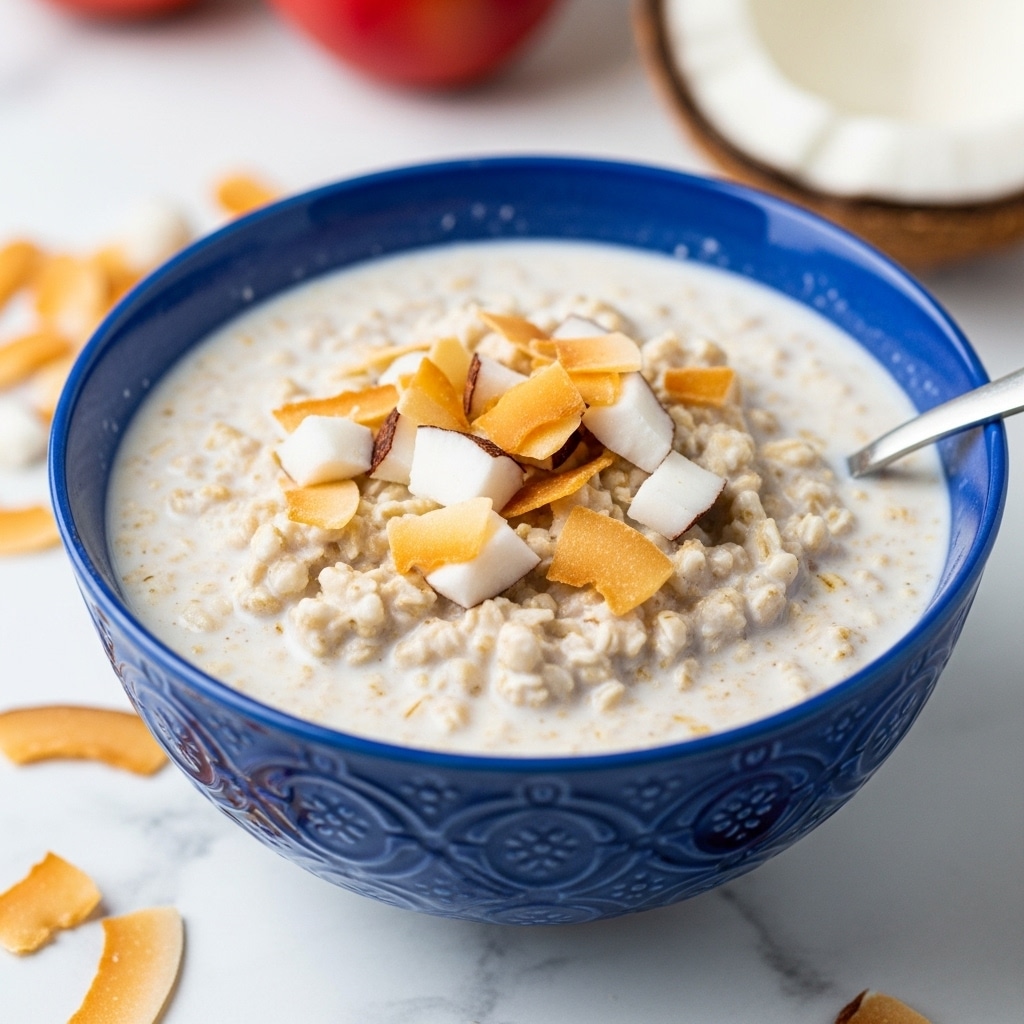 A blue patterned bowl filled with a creamy mix of oats and milk, topped with small pieces of toasted coconut that are golden brown and white. The oats have a soft, grainy texture and the creamy milk looks thick and smooth, covering the oats evenly. A spoon is partly visible inside the bowl on the right side. The bowl is placed on a white marbled surface with some toasted coconut pieces scattered around and blurred out red fruit and a halved coconut in the background. Photo taken with an iphone --ar 4:5 --v 7