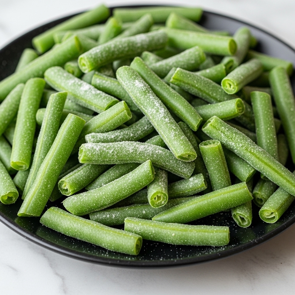 The image shows a close-up of a black plate filled with fresh green beans covered in a thin layer of white powder, likely flour or seasoning. The green beans are cut into short pieces, showcasing their bright green color and smooth texture, with some beans showing a slightly rough cut edge. The plate is set on a white marbled surface, providing a clean and simple background that contrasts with the vivid green of the beans. Photo taken with an iphone --ar 4:5 --v 7