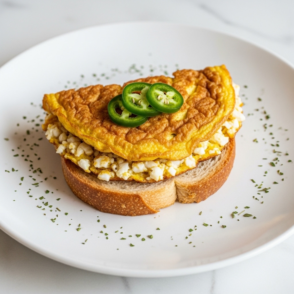 A white plate with small green herb specks holds a single serving of food centered on it. At the base is a thick, toasted bread slice with a light brown crust and soft inside. On top of the bread is a rough-textured, golden-brown omelet layer mixed with white bits, likely egg pieces. The omelet looks slightly crispy around the edges and moist in the middle. Three thin slices of bright green jalapeño are neatly placed on top of the omelet. The plate rests on a white marbled surface. photo taken with an iphone --ar 4:5 --v 7