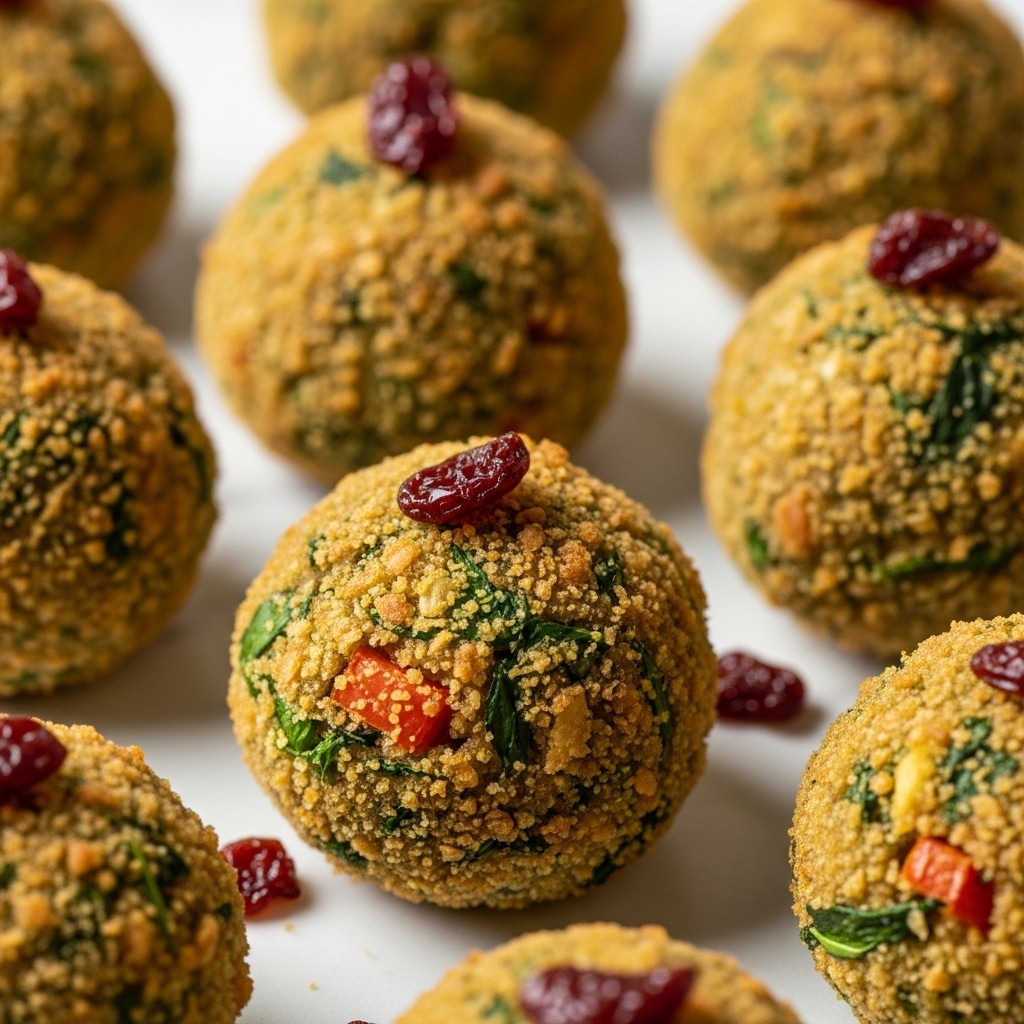 Close-up of crispy, golden-brown baked balls made from a mix of breadcrumbs, green herbs, finely chopped vegetables, and small bits of red dried fruit scattered on top, all showing a crunchy texture with browned edges and green herb pieces throughout. The balls appear soft inside with a crumbly outside, arranged closely together on a white surface with a white marbled texture visible in the background. photo taken with an iphone --ar 4:5 --v 7