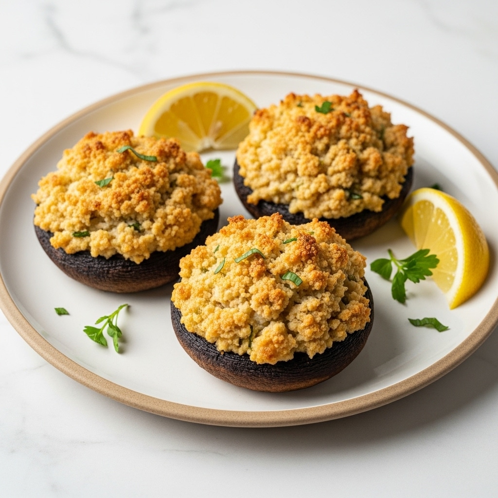 Three baked stuffed mushrooms sit on a white plate with a beige rim placed on a white marbled surface. Each mushroom base is dark brown and topped with a thick, golden-brown layer of a creamy, crumbly filling that looks slightly crispy with browned spots. Small green herb pieces are scattered on the filling and plate surface, adding color contrast. Two lemon wedges and a few sprigs of fresh green herbs accompany the mushrooms on the plate. Photo taken with an iphone --ar 4:5 --v 7