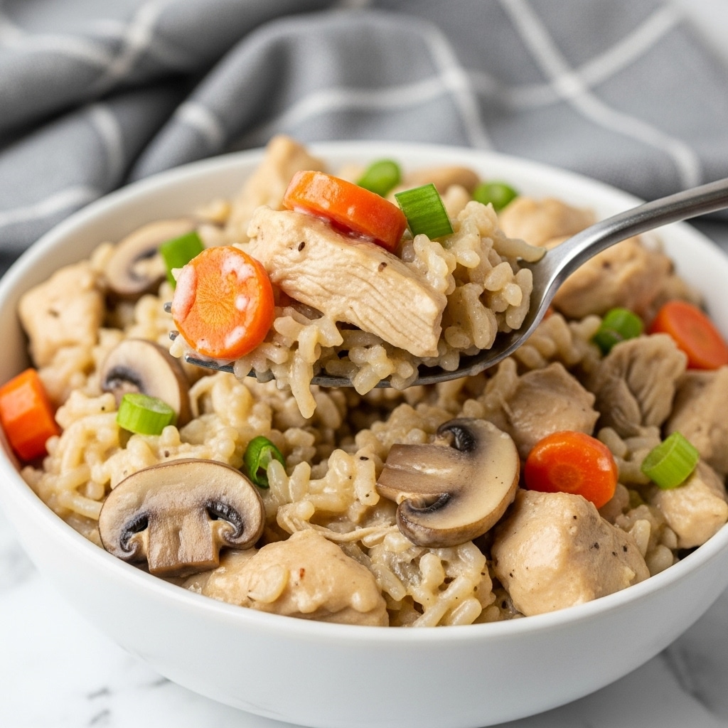 A close-up view of creamy chicken and rice in a white bowl, featuring a thick beige sauce mixed with small pieces of chicken, sliced mushrooms, diced orange carrots, and bits of green onions, giving a mix of soft and chunky textures. A silver fork lifts a bite-sized portion with visible layers of the sauce, chicken, carrot, and green onion from the bowl. In the background, a blurred gray and white plaid cloth rests on a white marbled surface. Photo taken with an iphone --ar 4:5 --v 7
