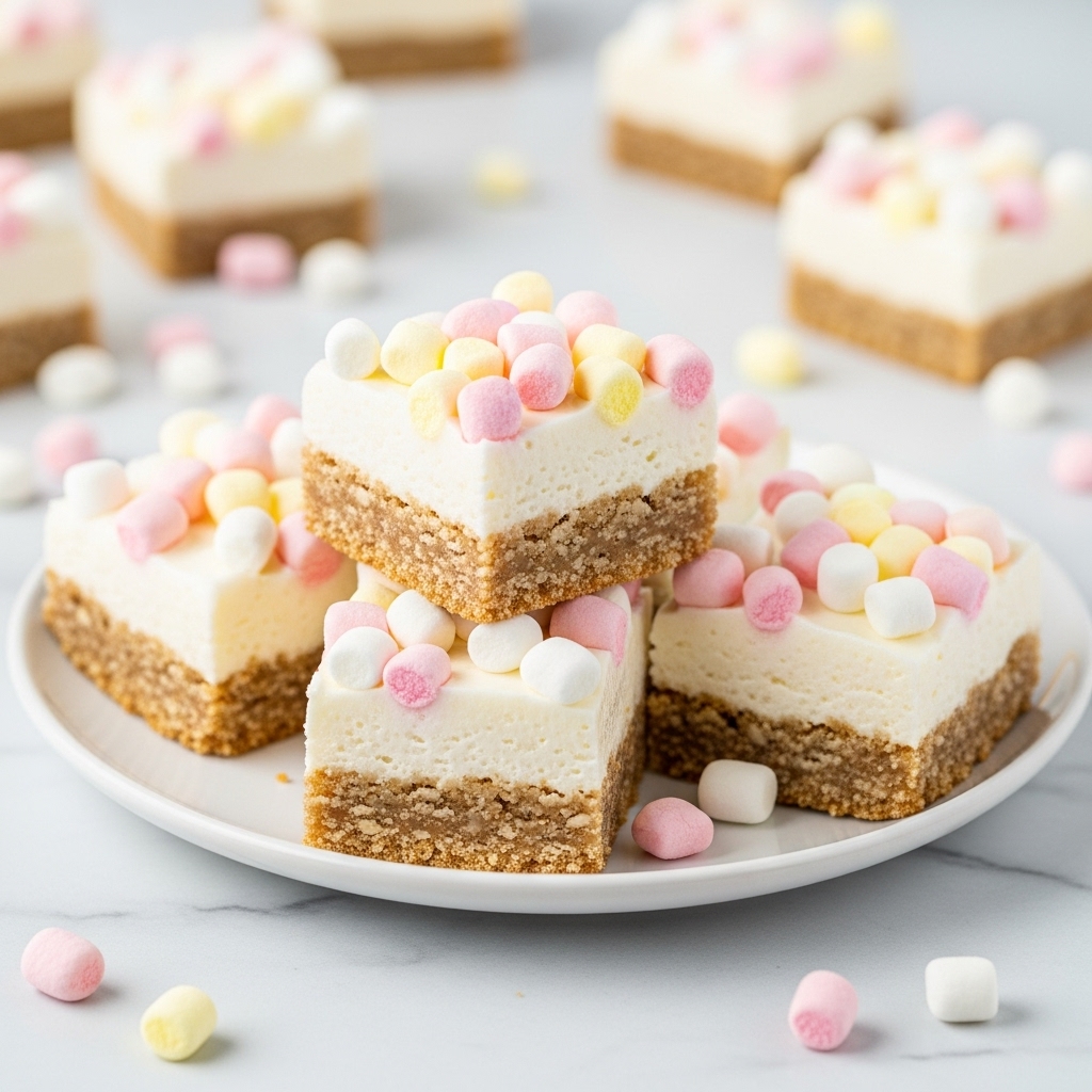 The image shows four square dessert bars stacked and arranged on a white plate set on a white marbled surface. Each bar has three layers: a crumbly light brown base, a thick middle layer of smooth white creamy texture, and a top layer sprinkled with tiny pastel-colored mini marshmallows in shades of pink, yellow, and white. Some marshmallows are scattered around the plate, adding a playful touch. The background is softly blurred with more dessert bars visible, enhancing the focus on the front stack. photo taken with an iphone --ar 4:5 --v 7