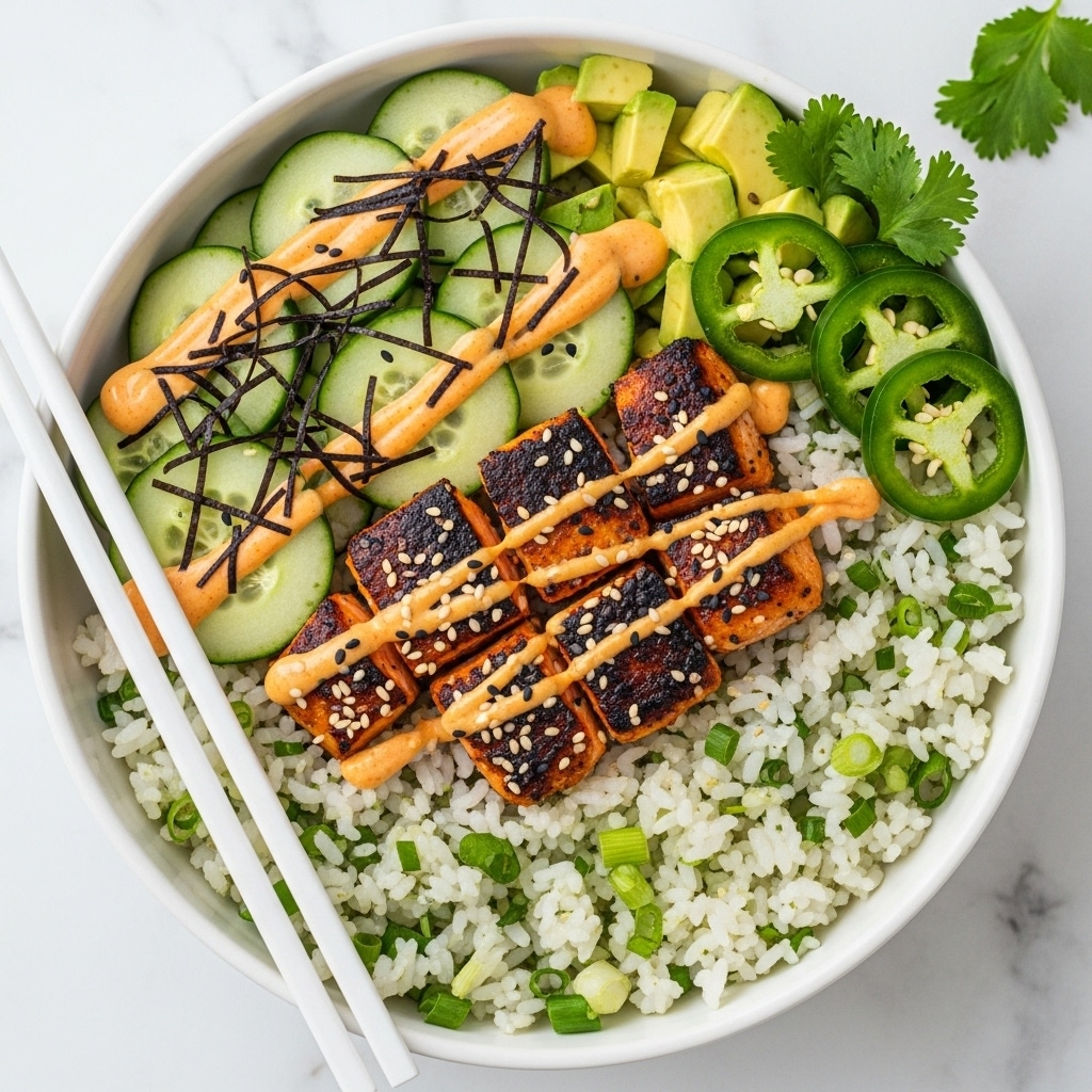 The dish is served in a white bowl filled with three main layers. The base layer has white rice mixed with chopped green onions, giving a soft and light texture with green specks. On one side, neatly sliced pale green cucumber rounds are slightly overlapped and topped with creamy orange sauce and dark thin seaweed strips. The center layer features grilled salmon pieces with a dark orange-brown charred crust, drizzled with more creamy orange sauce and sprinkled with white and black sesame seeds. Around the bowl, fresh green jalapeño slices, avocado pieces, and cilantro leaves add vibrant green accents. The bowl sits on a white marbled surface, with white chopsticks resting on the bowl's left side. Photo taken with an iphone --ar 4:5 --v 7