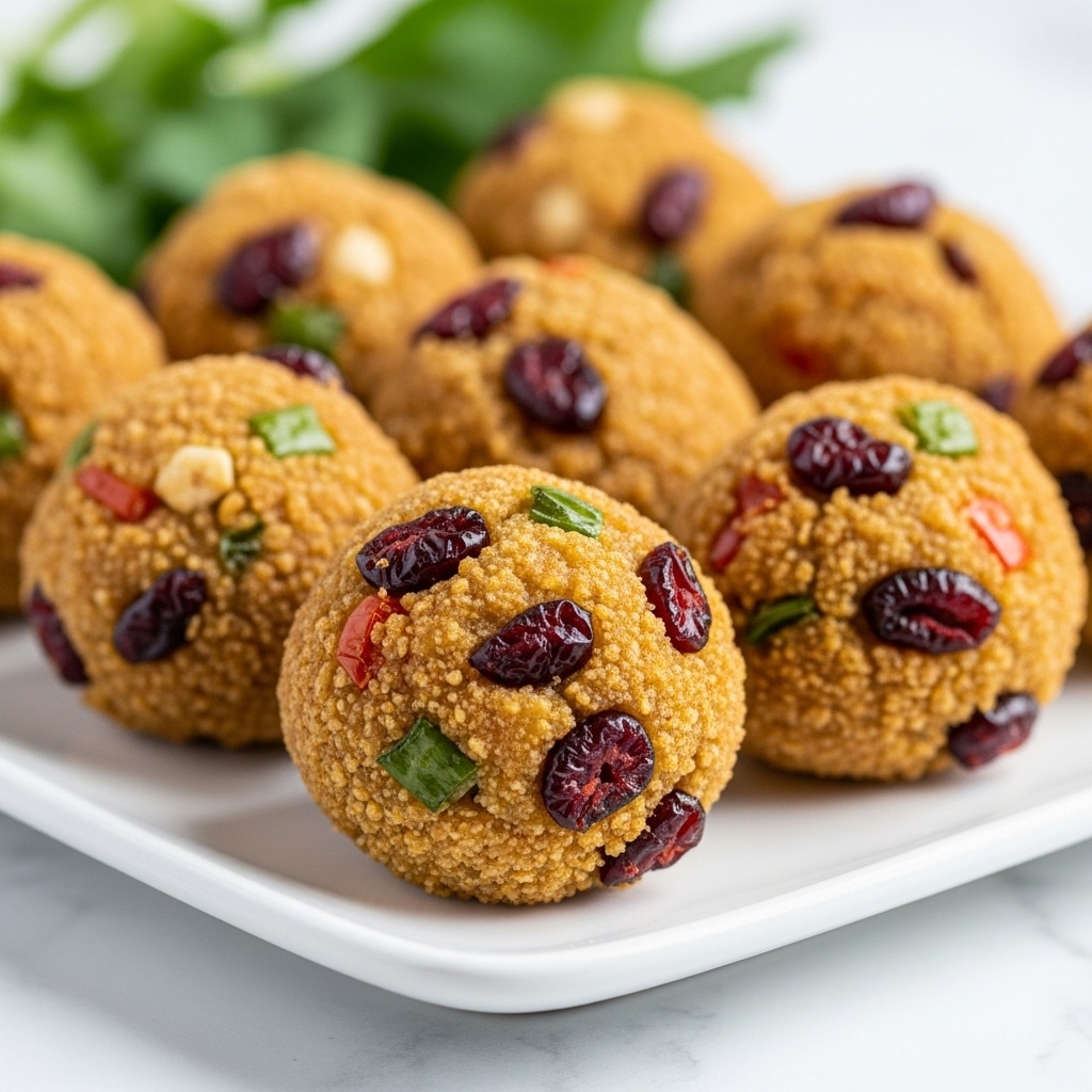 The image shows a close-up of golden-brown crispy balls with a rough texture, each studded with red dried cranberries and small green bits, likely herbs or chopped vegetables. The balls are arranged in rows on a white plate, which sits on a white marbled surface. In the background, there is a soft green leafy garnish adding contrast to the warm colors of the balls. The lighting highlights the crunchy texture and the mix of colors in the balls, making them look fresh and appetizing. photo taken with an iphone --ar 4:5 --v 7