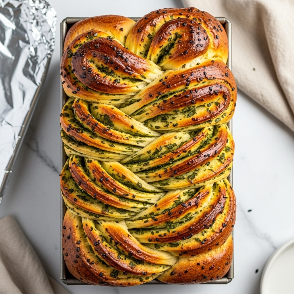The image shows a tall rectangular baking pan filled with a golden-brown braided bread. The bread has multiple twisted layers, with visible green herbs spread between the folds, giving a marbled green and yellow look. The top surface of the bread is shiny and slightly crisp with some black seeds sprinkled on it. The background is a white marbled surface with part of a silver foil and a beige cloth visible nearby. Photo taken with an iphone --ar 4:5 --v 7