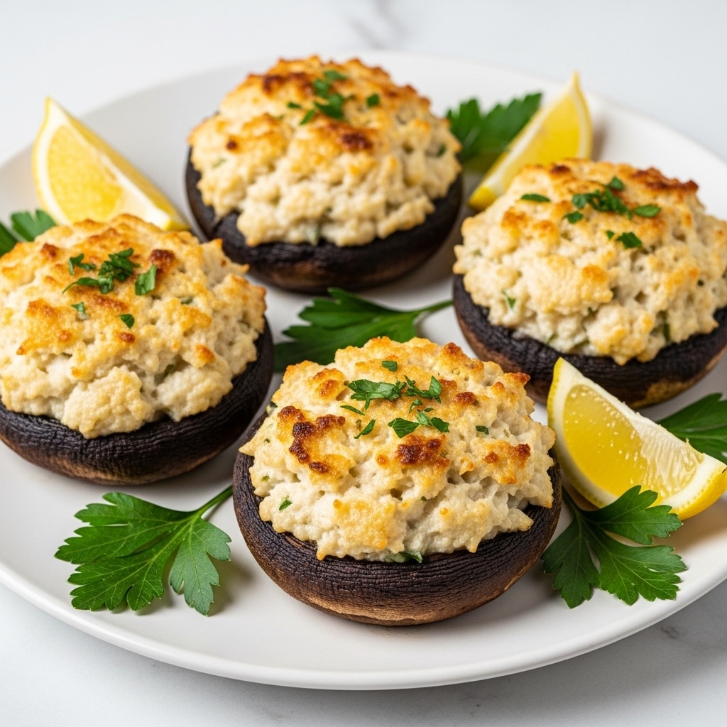 Four stuffed mushrooms are placed on a white plate with light green parsley leaves and three lemon wedges around them. The mushrooms have dark brown caps as the bottom layer, holding a thick topping layer of creamy white crab mixture with golden brown toasted spots and sprinkled with small green parsley flakes. The texture of the topping looks soft with some crispy edges. The plate rests on a white marbled surface. photo taken with an iphone --ar 4:5 --v 7
