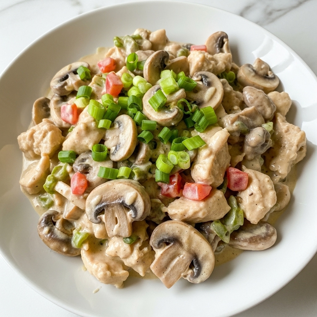 A white plate holds a creamy mixture of chopped mushrooms, chicken, and small pieces of red and green vegetables scattered throughout. The dish looks thick and rich with a smooth, light beige sauce coating all the ingredients evenly. The mushrooms are sliced, showing their soft texture, while finely chopped green onion bits sit on top adding a fresh pop of bright green. The plate is resting on a white marbled surface under soft lighting that brings out the creaminess and colors clearly. Photo taken with an iphone --ar 4:5 --v 7