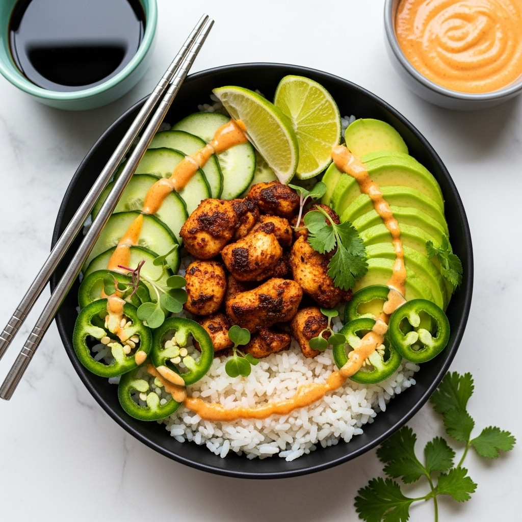 A black bowl contains a layered dish with white rice at the base, topped with pieces of seasoned, grilled chicken in the center. Around the chicken are thin slices of pale green cucumber with a creamy light orange sauce drizzled over them. To one side are several slices of light green avocado and bright green jalapeño rings also drizzled with sauce. The dish is garnished with fresh cilantro leaves and small green herbs, with lime wedges placed in the bowl. A pair of silver chopsticks rests on top of the bowl. The bowl sits on a white marbled surface with a light teal bowl of dark soy sauce and a gray bowl of orange creamy sauce nearby. Photo taken with an iphone --ar 4:5 --v 7