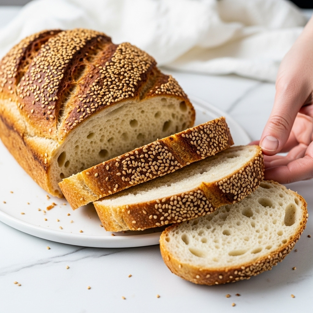 The image shows a loaf of bread with a dark brown crust sprinkled with sesame seeds on top. Three slices are cut from the loaf, each slice showing a soft, white, and airy inside with small holes. The loaf and the slices rest on a white plate, placed on a white marbled surface. A woman's hand is softly touching one of the slices from the front right area. The background includes a blurred white cloth. photo taken with an iphone --ar 4:5 --v 7