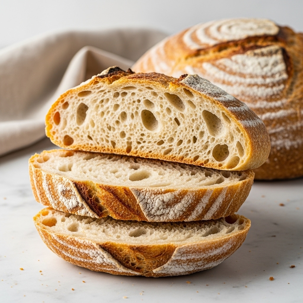 Three thick slices of crusty bread are stacked in front, showing a soft, airy inside with many holes; the crust is golden brown with a slightly rough texture and a few white flour spots on top. Behind the slices, the larger loaf with a textured crust rests partially visible. The bread sits on a white marbled surface with a light beige cloth softly folded in the background. photo taken with an iphone --ar 4:5 --v 7