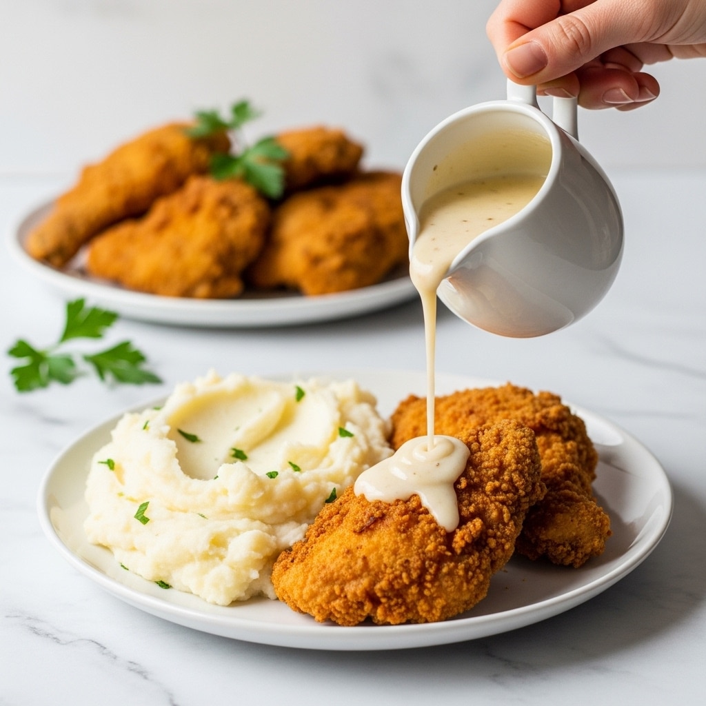 A white marbled textured surface with a white plate holding crispy golden-brown fried chicken on the bottom right, next to a large serving of white mashed potatoes. A creamy white gravy is being poured onto the fried chicken from a white small pitcher held by a woman's hand at the top right. In the blurred background, there are more pieces of fried chicken resting on a white plate with some green parsley leaves scattered around for garnish. Photo taken with an iphone --ar 4:5 --v 7