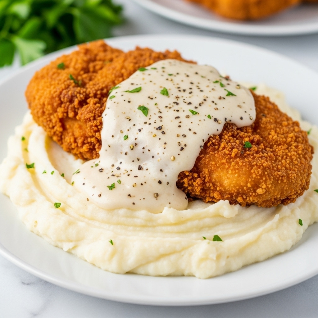 A close-up of a white plate with two layers: the bottom layer is smooth and creamy mashed potatoes, white in color with soft lumps, covering half of the plate; the top layer is a large piece of golden-brown, crispy fried chicken with a rough, crunchy texture. White gravy thickly covers the middle part of the chicken, speckled with black pepper. In the background, some green parsley leaves add a fresh touch, and the whole scene is set on a white marbled surface. photo taken with an iphone --ar 4:5 --v 7