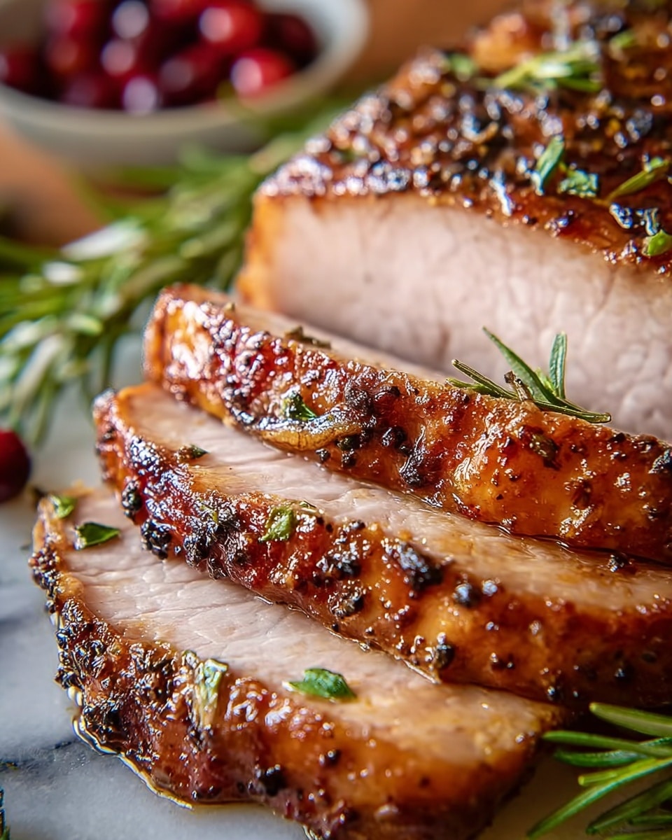 A close-up view of a cooked, golden-brown roast meat being sliced on a white plate, with several slices cut and arranged in the foreground showing a juicy, light pink inside. The roast is garnished with green herbs and bright red berries around the plate. A woman's hand holds a fork securing the meat while a large knife cuts through it. The background shows a white marbled surface with hints of other food elements softly blurred. Photo taken with an iphone --ar 4:5 --v 7