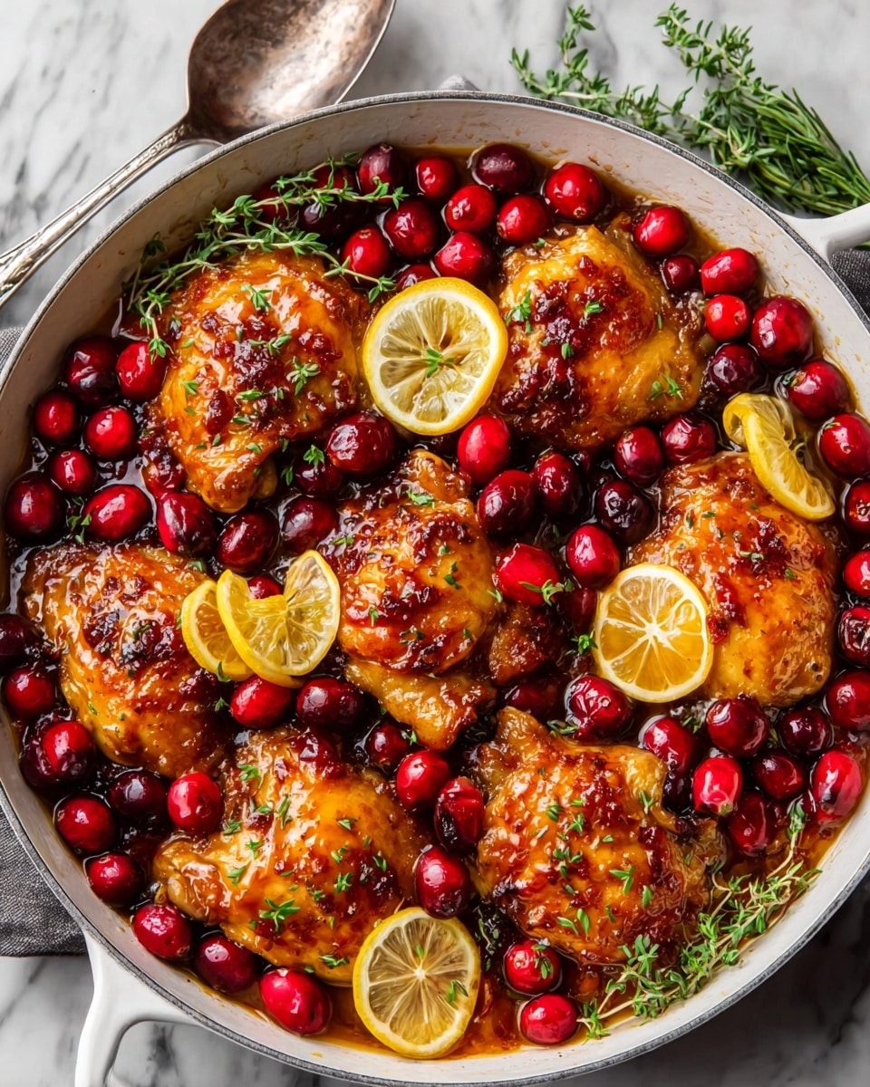 A white pan filled with golden brown baked chicken thighs covered in a shiny glaze, surrounded by bright red cranberries and small sprigs of fresh green herbs. There are several lemon wedges scattered on top, adding a pop of yellow color. The chicken pieces have a slightly crispy texture, and the cranberries look juicy and plump. The scene is set against a white marbled surface with a silver spoon resting to the side. Photo taken with an iphone --ar 4:5 --v 7