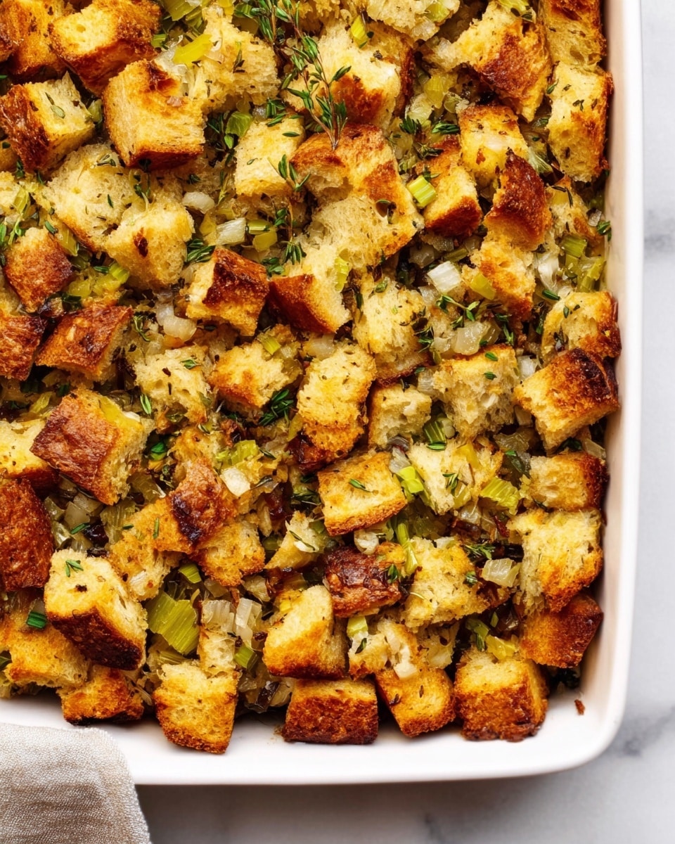 The image shows a close-up of a white ceramic baking dish filled with a golden-brown cubed bread stuffing. The stuffing is made of multiple layers of cubed bread soaked with herbs, small bits of cooked onions, and green herbs scattered throughout. The top layer is crunchy and toasted with a mix of light brown and slightly darker golden pieces, creating a textured look. The filling beneath looks soft and slightly moist with bits of green herbs and finely diced vegetables visible. The dish is photographed on a white marbled surface. Photo taken with an iphone --ar 4:5 --v 7