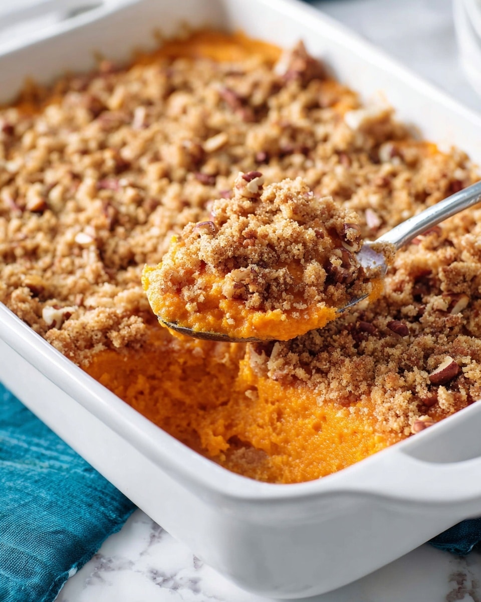 A close-up of a serving of sweet potato casserole on a stack of two white plates, showing two main layers: the bright orange, soft mashed sweet potato base at the bottom and the crumbly golden-brown pecan streusel topping with a rough texture on top. In the background, a white rectangular casserole dish filled with the same casserole, with the topping evenly spread and a spoon placed inside. The scene is set on a white marbled surface. Photo taken with an iphone --ar 4:5 --v 7