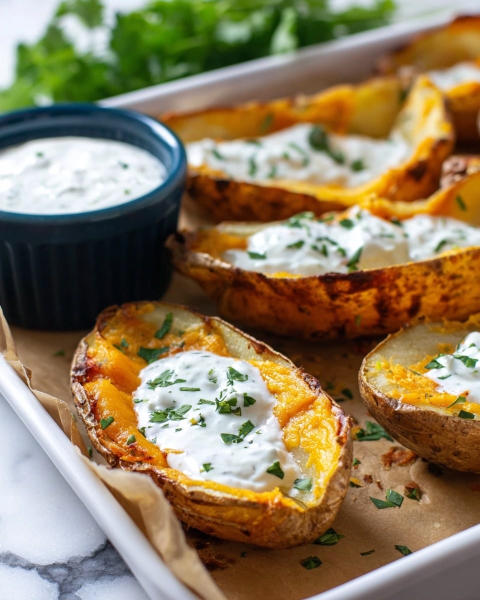The image shows several baked potato skins on a white tray lined with brown parchment paper, placed on a white marbled surface. Each potato skin is golden brown and crispy on the outside with an orange melted cheese layer lining the inside, topped by a dollop of white creamy sauce speckled with green herbs. Small green herb pieces are sprinkled on top of the sauce and around the potato skins. A dark blue ramekin filled with the same white sauce sits in the background, accompanied by fresh green herbs blurred slightly for depth. photo taken with an iphone --ar 4:5 --v 7