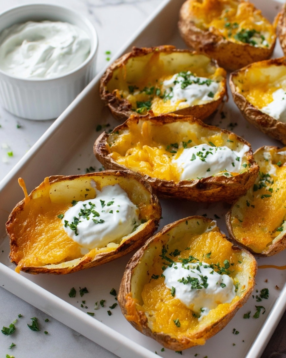The image shows several potato skins on a white rectangular tray placed on a white marbled surface. Each potato skin is halved and hollowed with crispy brown edges and a slightly wrinkled, baked texture. Inside each shell, there is a layer of melted golden yellow cheddar cheese that looks creamy and slightly bubbly. On top of the cheese, there is a dollop of white sour cream mixed with finely chopped green herbs, adding a contrast in color and texture. Small green herb sprinkles are scattered around the tray, enhancing the fresh look. A small white bowl filled with extra sour cream sits in the top left corner of the frame. The overall presentation feels cozy and appetizing. Photo taken with an iphone --ar 4:5 --v 7