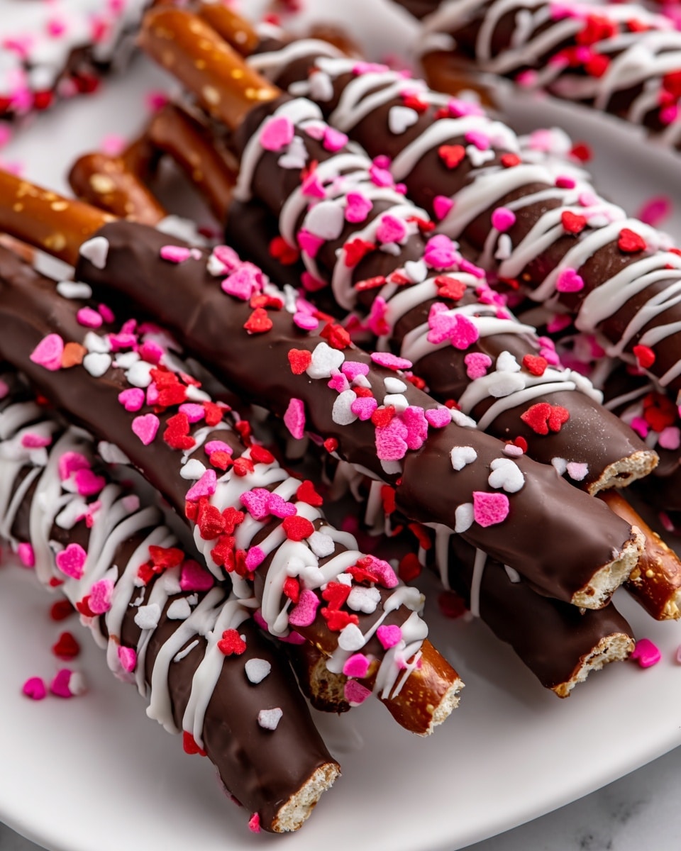 Several pretzel sticks are fully covered in a smooth, dark chocolate layer. They have white chocolate drizzled in thin lines across them, adding contrast. Bright pink, red, and white sprinkle shapes, including tiny hearts and rod shapes, cover the chocolate, making the pretzels look colorful and festive. The pretzels rest on a white plate placed on a white marbled surface. The image is clear and close-up, showing the texture of the sprinkles and smooth chocolate well. photo taken with an iphone --ar 4:5 --v 7