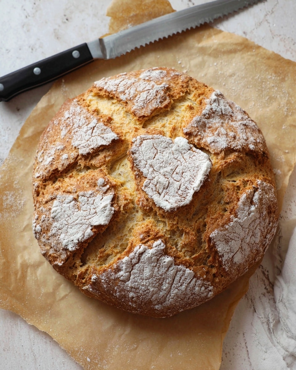 The image shows a round loaf of rustic bread with a rough and cracked crust, dusted with white flour. The top of the bread has deep, golden-brown ridges and four large square sections with textured, crispy edges. The bread sits on a sheet of light brown parchment paper, placed on a white marbled surface. Above the bread, there is a long serrated knife with a black handle resting diagonally. Photo taken with an iphone --ar 4:5 --v 7