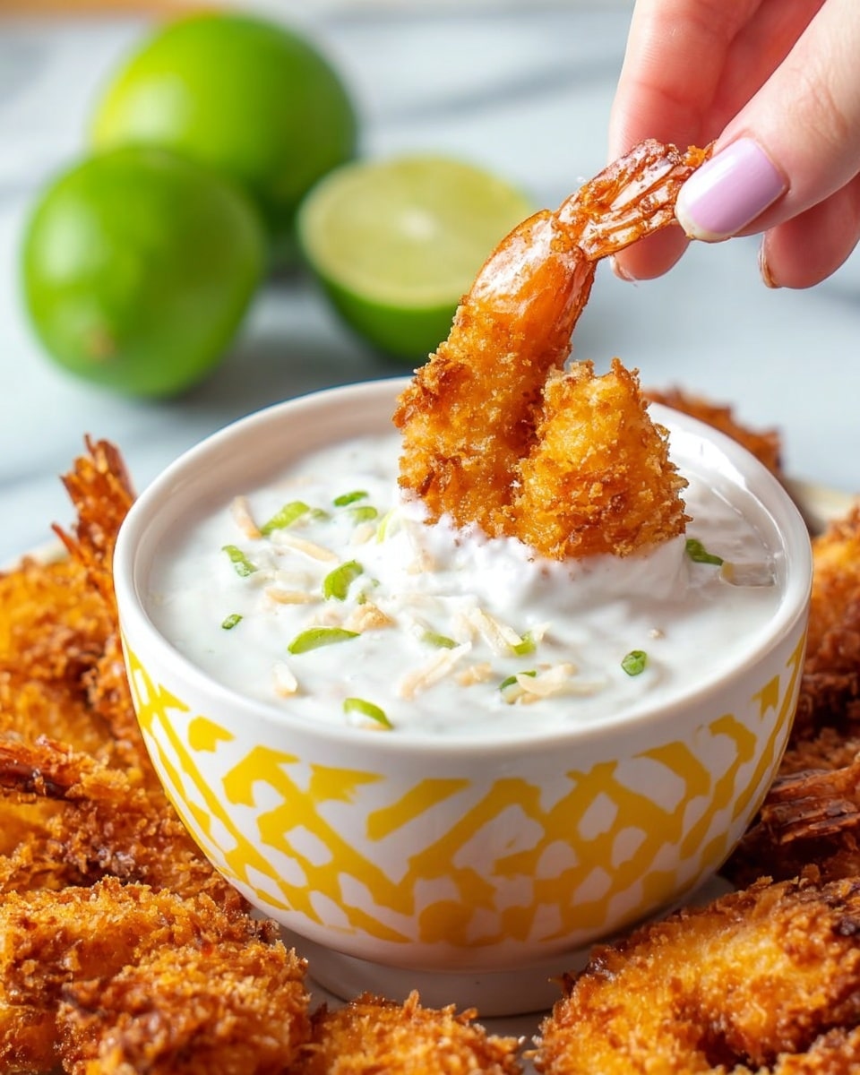 A woman's hand is dipping a crispy, golden-brown fried shrimp with a textured coating into a small white bowl with a yellow rim and yellow geometric pattern around the outside, filled with thick white creamy sauce that has small shredded pieces and tiny green specks on top. The bowl is surrounded by more fried shrimp with a rough, crunchy coating. In the blurred background, there are two whole green limes and one sliced lime visible, all set on a white marbled surface. Photo taken with an iphone --ar 4:5 --v 7