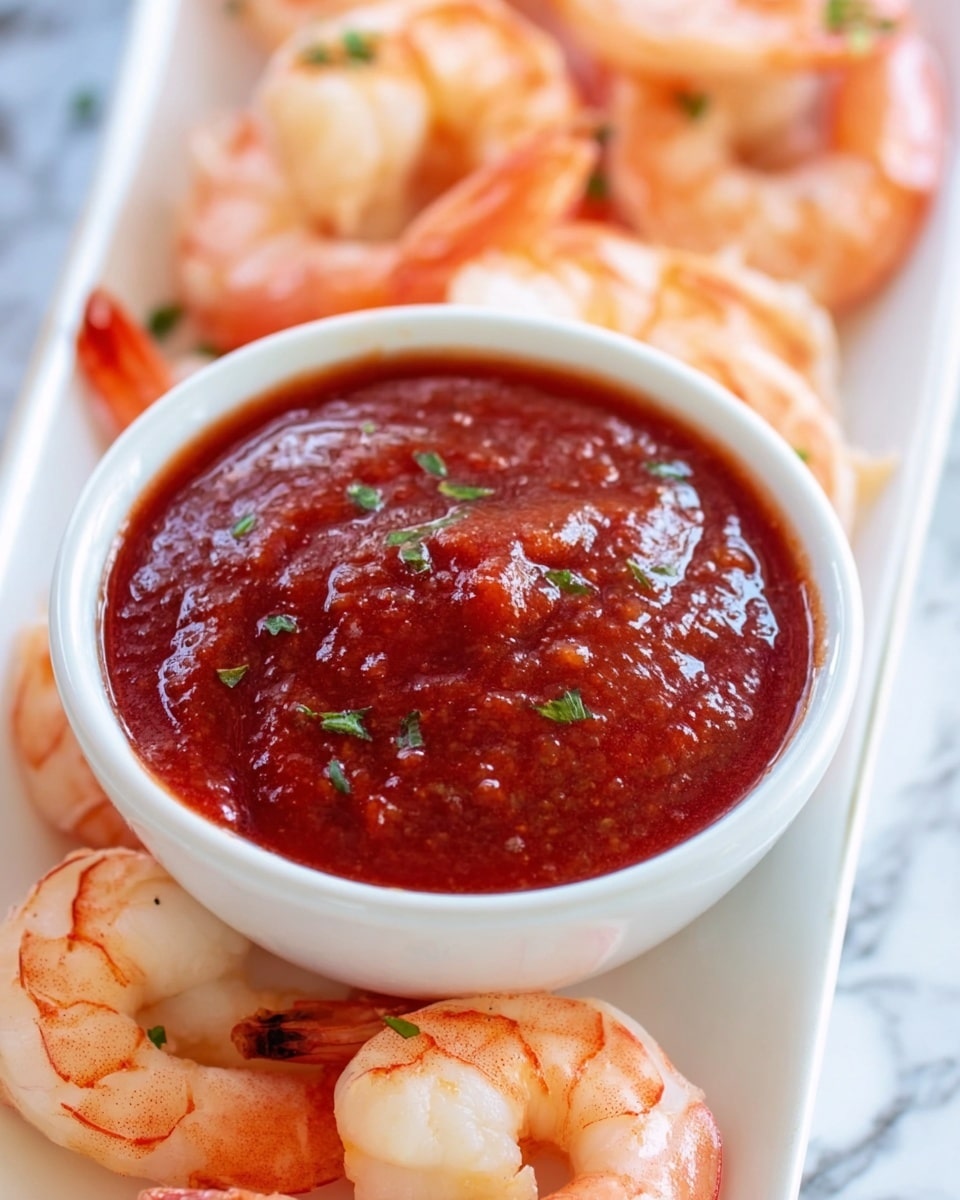 A close-up of a white bowl filled with thick, deep red cocktail sauce with a slightly textured surface, topped with small green herb pieces. The bowl sits in the center of a white rectangular plate with a white marbled surface underneath. Around the bowl, there are several light pink shrimp with curled tails, showing a moist and smooth texture, also garnished with small green herb bits. photo taken with an iphone --ar 4:5 --v 7