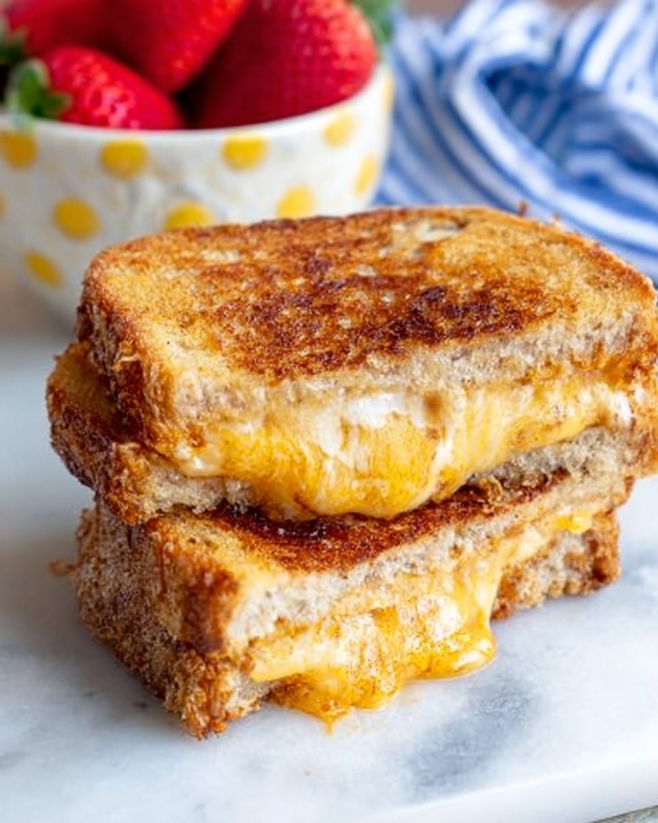 Two golden brown grilled cheese sandwiches are stacked slightly askew on a white marbled surface. Each sandwich has three layers: crispy toasted bread with a crunchy textured crust on the outside, a middle layer of melted yellow cheese oozing out from the edges showing gooey, smooth texture, and a hint of browned, slightly bubbling cheese that has spilled and hardened on the bottom slice. In the background, there is a white bowl with yellow patterns holding bright red strawberries, and a blue and white striped cloth partially visible. Photo taken with an iphone --ar 4:5 --v 7