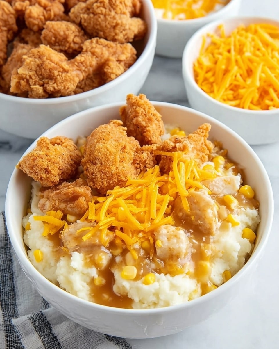 The image shows a white bowl filled with three main layers: the bottom layer is creamy mashed potatoes mixed with corn, the middle layer consists of small pieces of crispy fried chicken, and the top layer is golden brown gravy drizzled over the chicken, sprinkled with bright orange shredded cheddar cheese. In the background, there are two additional white bowls, one filled with extra crispy fried chicken pieces and the other with more mashed potatoes, all set on a white marbled surface. Photo taken with an iphone --ar 4:5 --v 7