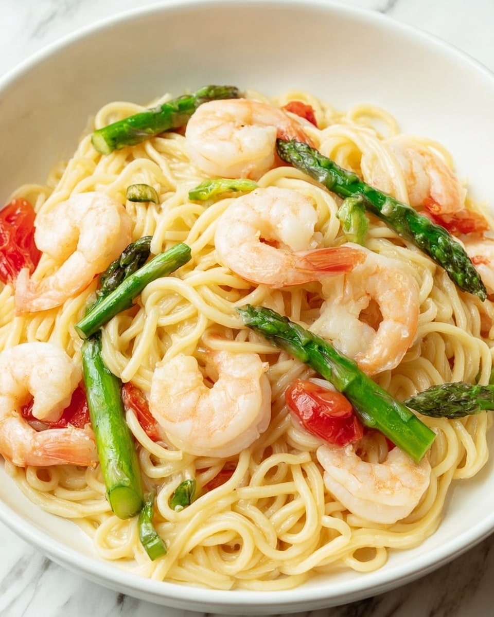 A white bowl filled with light yellow thin noodles forms the base layer, topped with several medium-sized pink shrimp scattered evenly across the dish. Bright green asparagus stalks are placed on top and around the noodles, adding a fresh look. Small pieces of red tomato are mixed among the noodles and vegetables, adding spots of vibrant color throughout. The textures range from the smooth, slightly shiny noodles to the firm shrimp and crisp asparagus, all set against a white marbled surface. photo taken with an iphone --ar 4:5 --v 7