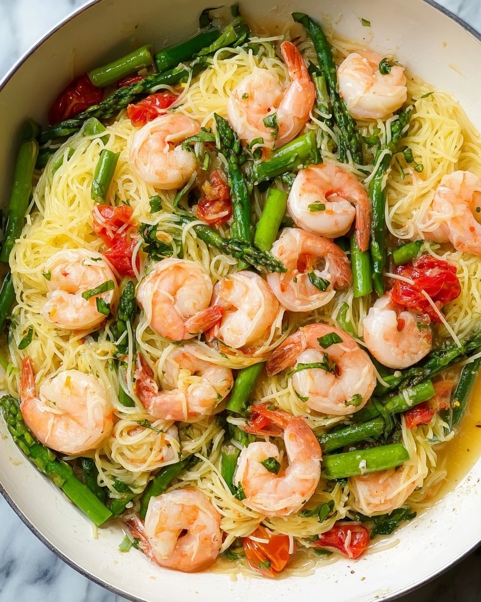 A close-up of a white bowl filled with thin yellow noodles as the base layer, topped with pink cooked shrimp scattered evenly throughout. Bright green asparagus spears and small red tomato pieces are mixed in, adding pops of color and texture. The dish has a light sauce visible around the edges, giving it a fresh and moist look on a white marbled surface. photo taken with an iphone --ar 4:5 --v 7