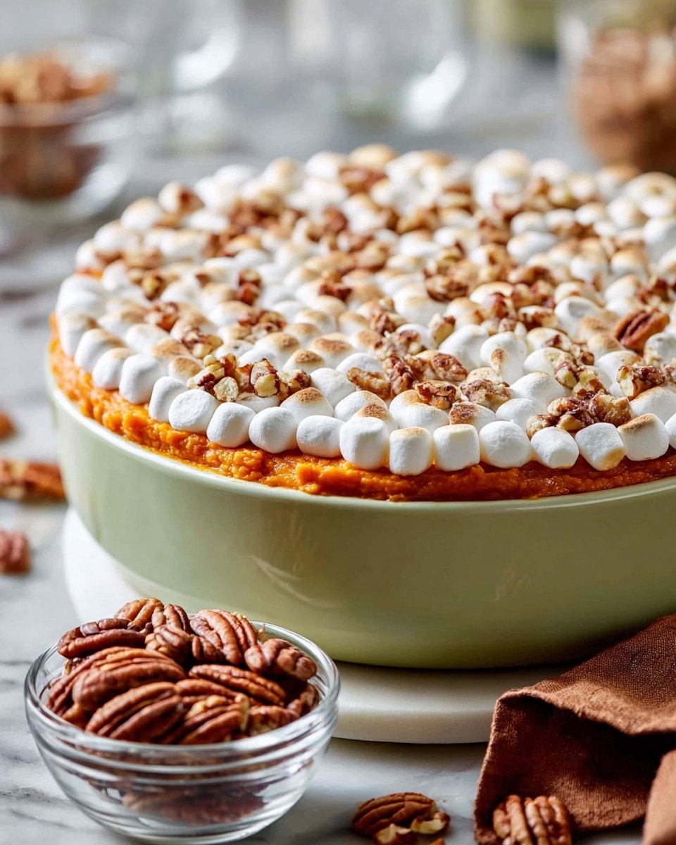 A close-up view of a three-layer dish in a round light green bowl on a white marbled surface, with the bottom layer being a smooth orange sweet potato layer, the top layer covered with many small, white toasted marshmallows that are slightly browned on top, and scattered with chopped brown pecans. In front of the bowl, there is a small clear glass bowl filled with whole pecans and a folded brown cloth napkin nearby. The background is softly blurred with some nuts and glasses visible. Photo taken with an iphone --ar 4:5 --v 7