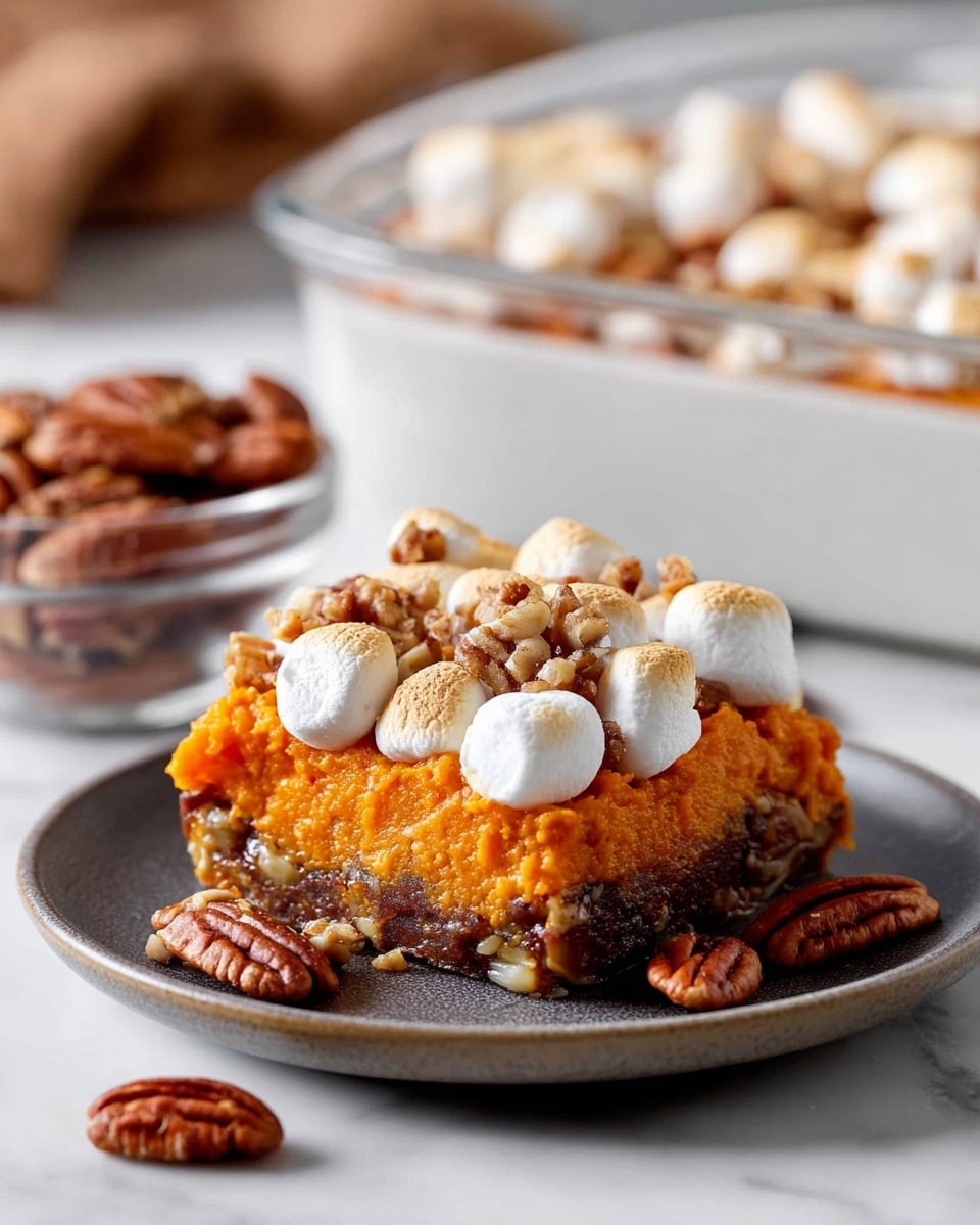 A square slice of sweet potato casserole is presented on a small, round white plate, placed on a white marbled surface. The dish has three visible layers: the bottom layer is a dark brown crust, the middle layer is a thick, vibrant orange sweet potato filling with a smooth texture, and the top layer is a mix of mini toasted marshmallows that are lightly browned and white, along with small pieces of chopped pecans scattered on top. Around the plate, there are whole pecans for decoration, and in the background, a glass bowl filled with more pecans and a large white dish filled with the same casserole topped with marshmallows can be seen slightly out of focus. Photo taken with an iphone --ar 4:5 --v 7