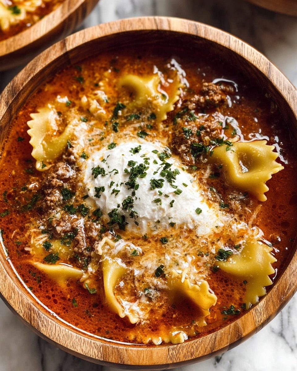 The image shows a spoon lifting a serving of lasagna soup from a white bowl, revealing three layers of ingredients: a reddish-brown tomato and meat broth as the base, waved pasta pieces floating within the broth, and melted white cheese stretching as the spoon lifts, topped with chopped green herbs scattered on the surface. Steam rises from the soup, highlighting its hot temperature, and the bowl rests on a white marbled surface. photo taken with an iphone --ar 4:5 --v 7