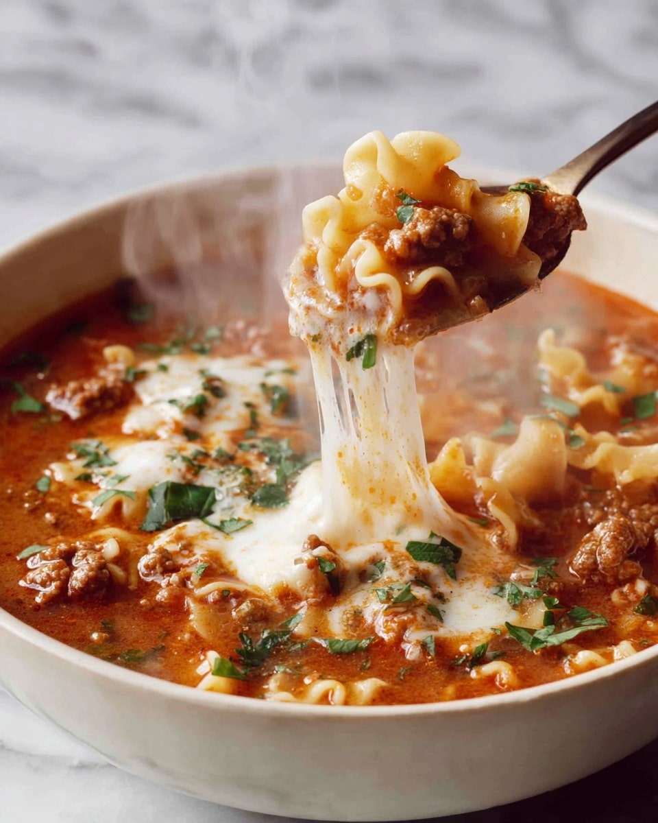 A wooden bowl filled with a rich, reddish-brown soup that contains large wavy pasta pieces floating on top, mixed with ground meat. A dollop of white creamy cheese sits in the center, sprinkled with finely chopped green herbs and grated cheese melted slightly into the soup. The soup looks thick and hearty with visible oils on the surface, and the overall texture is smooth with bits of meat and pasta edges clearly seen around the bowl's edge, placed on a white marbled surface. Photo taken with an iphone --ar 4:5 --v 7