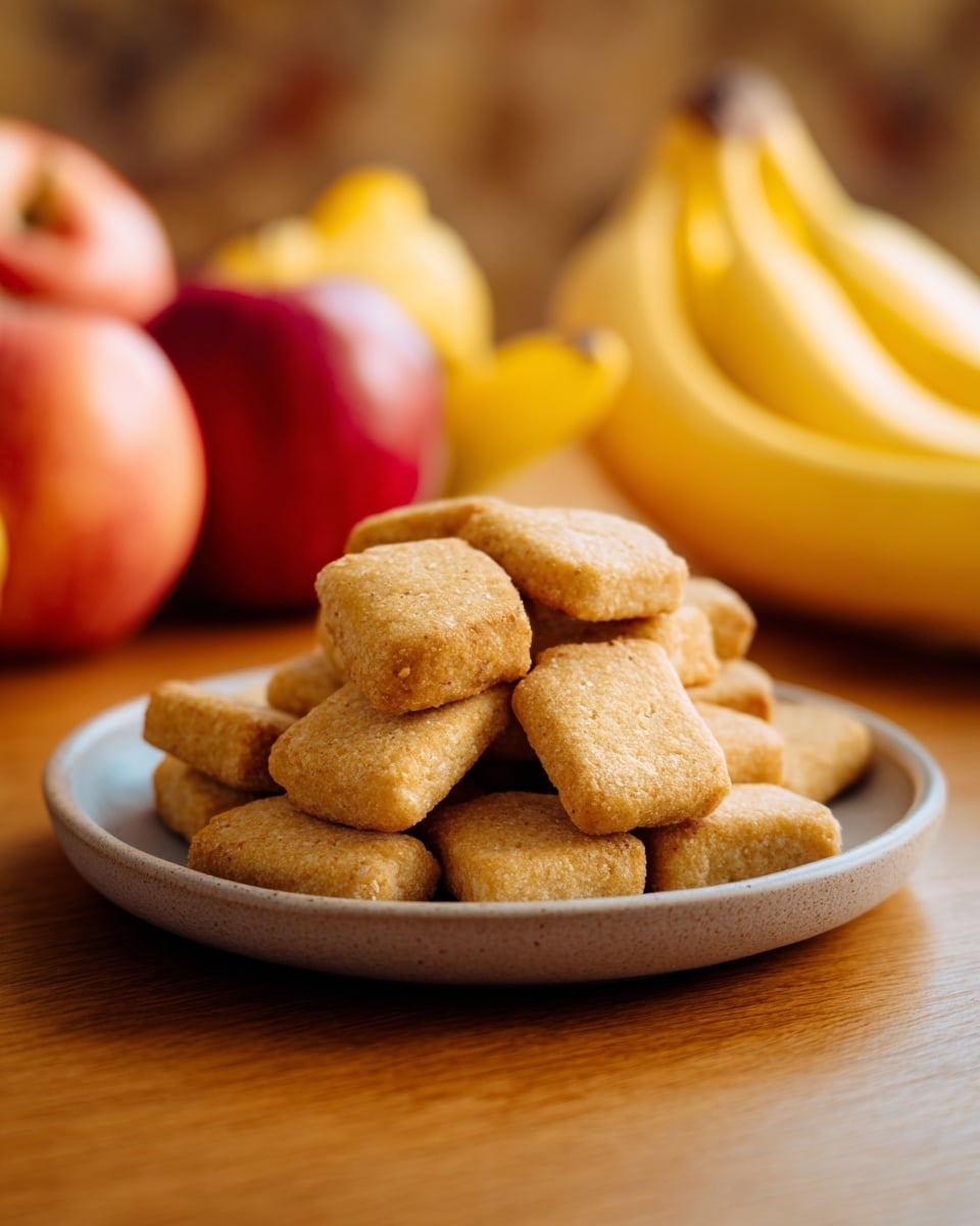 A white plate holds a pile of small, rectangular golden-brown baked nuggets stacked roughly in two layers, showing their soft, slightly textured surface. The plate sits on a wooden table with a blurred background featuring red apples on the left and a bunch of yellow bananas on the right. The warm lighting adds a cozy feel to the scene. photo taken with an iphone --ar 4:5 --v 7