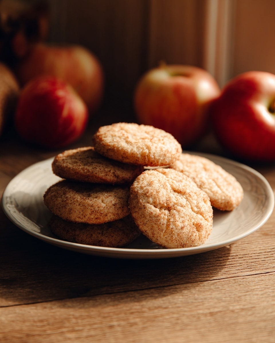 A white plate with a simple design holds a small stack of round, golden-brown cookies with a slightly rough, crumbly texture. The cookies are placed casually on the plate, some overlapping each other, and the plate is resting on a wooden table. In the background, there are three red apples that add a warm touch to the scene. The setting has natural warm light coming from the side, creating soft shadows and a cozy feeling. photo taken with an iphone --ar 4:5 --v 7