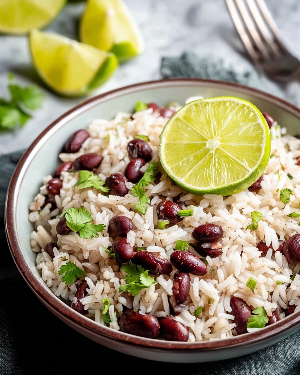 A close-up view of a bowl filled with cooked white rice mixed with small dark red beans and garnished with bright green cilantro leaves scattered throughout. On top of the rice, there is a fresh half lime showing its vibrant green flesh. The bowl is white with a thin brown rim and is placed on a gray cloth, all set against a white marbled surface. In the background, there are lime slices and a fork nearby, slightly out of focus. photo taken with an iphone --ar 4:5 --v 7