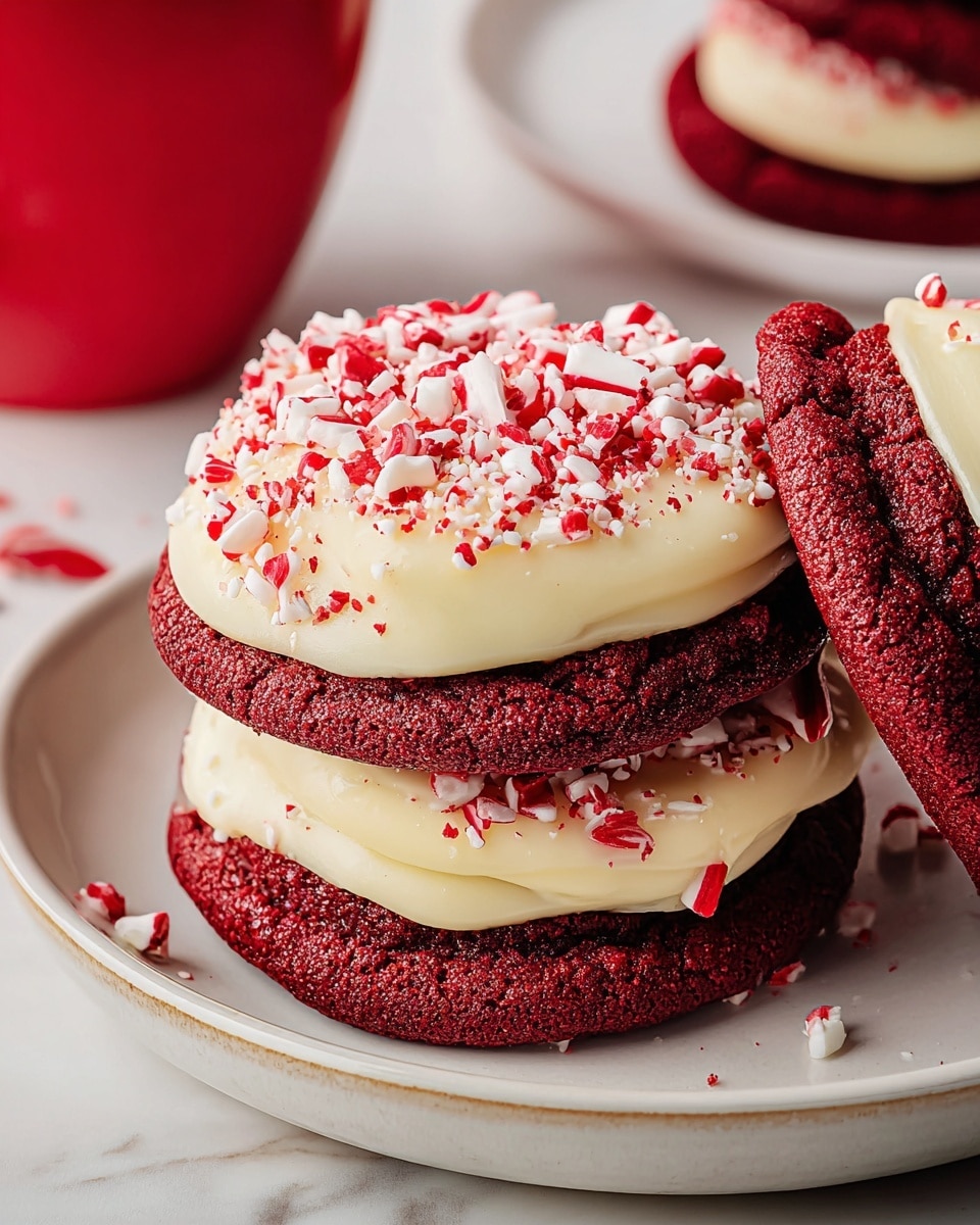 The image shows a stack of two red velvet cookies on a white plate with a slightly raised rim. Each cookie is thick and deep red in color with a soft crumbly texture. On top of the stack is a thick layer of creamy white frosting, smooth and glossy, slightly dripping down the sides. The frosting is sprinkled with small crushed pieces of red and white candy or sugar, adding a rough texture and vibrant contrast to the smooth frosting and dark red cookies. Behind this stack, there is another set of two similar cookies stacked with the same frosting and sprinkles. The background surface is a white marbled texture, and there is a slightly visible red cup in the upper left corner. Photo taken with an iphone --ar 4:5 --v 7