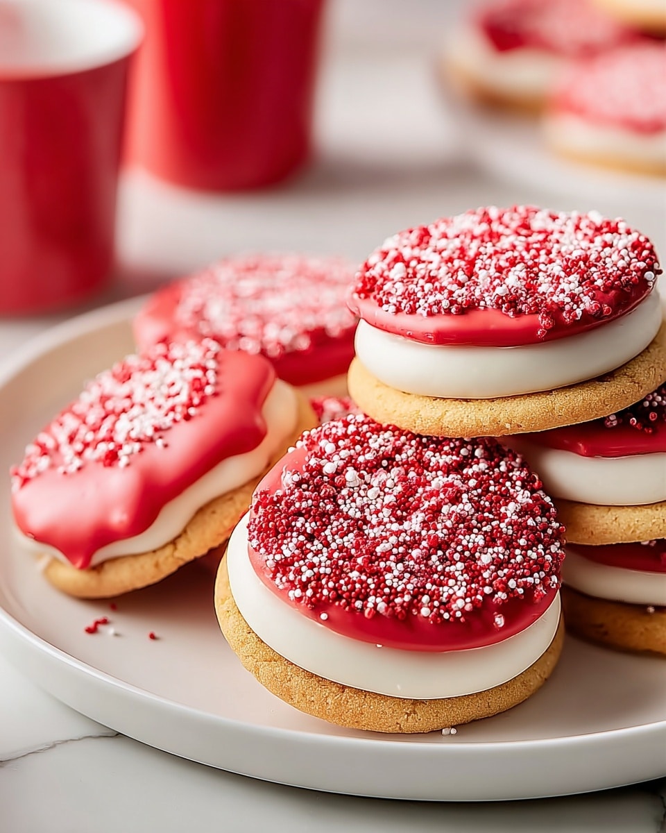 The image shows several round sandwich cookies arranged on a white plate placed on a white marbled surface. Each cookie has three layers: a light golden-brown cookie base, a thick middle layer of smooth white cream, and a top layer of bright red icing covered with tiny red and white sprinkles. The cookies are stacked with some leaning against each other, creating depth in the composition. In the blurry background, red cups are visible, adding to the festive look. Photo taken with an iphone --ar 4:5 --v 7
