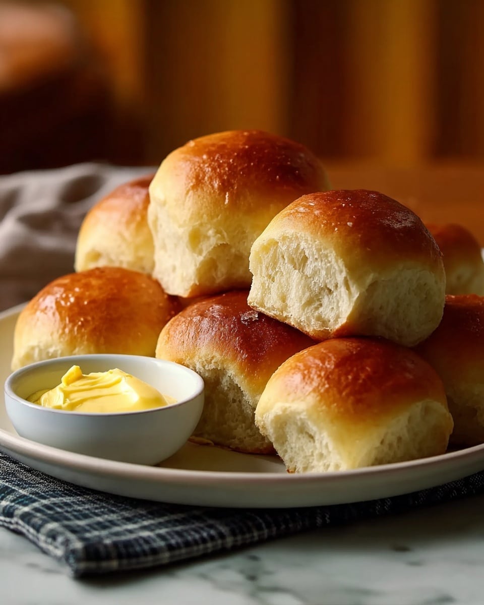 A white plate holds a group of eight soft dinner rolls with a golden brown shiny top and light fluffy inside visible on a few. They are stacked in two layers with some rolls touching each other. On the plate, in front left, there is a small white bowl filled with smooth yellow butter. The plate sits on a cloth with a dark checkered pattern placed on a white marbled surface, and the background is blurred with warm tones. Photo taken with an iphone --ar 4:5 --v 7