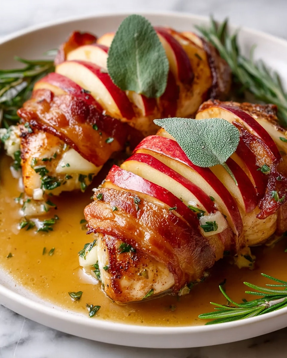 Two pieces of browned chicken breasts are shown wrapped in crispy bacon strips, each topped with three thin slices of red apple arranged in a row, with a green herb leaf placed on top of each piece. Between the apple slices, there is a mix of finely chopped green herbs and garlic bits, adding texture and color. The chicken sits in a light brown sauce pooling on the white plate, garnished with fresh rosemary sprigs placed around the edges. The background is a white marbled surface. photo taken with an iphone --ar 4:5 --v 7